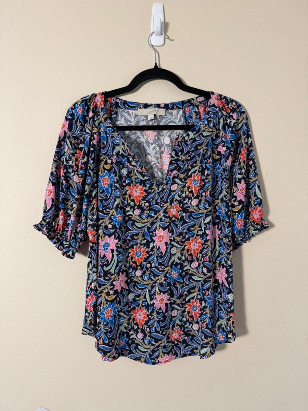 LOFT Navy Floral V-Neck Blouse with Pink & Red Blooms Size S